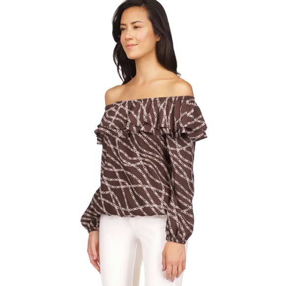 Michael Kors Women's Printed Stadium Ruffled-Overlay Off-The-Shoulder Top - Picture 7 of 8